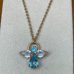 Lind Yellow Gold Electroplate Blue & Clear Crystal Rhinestone Angel Necklace 18”